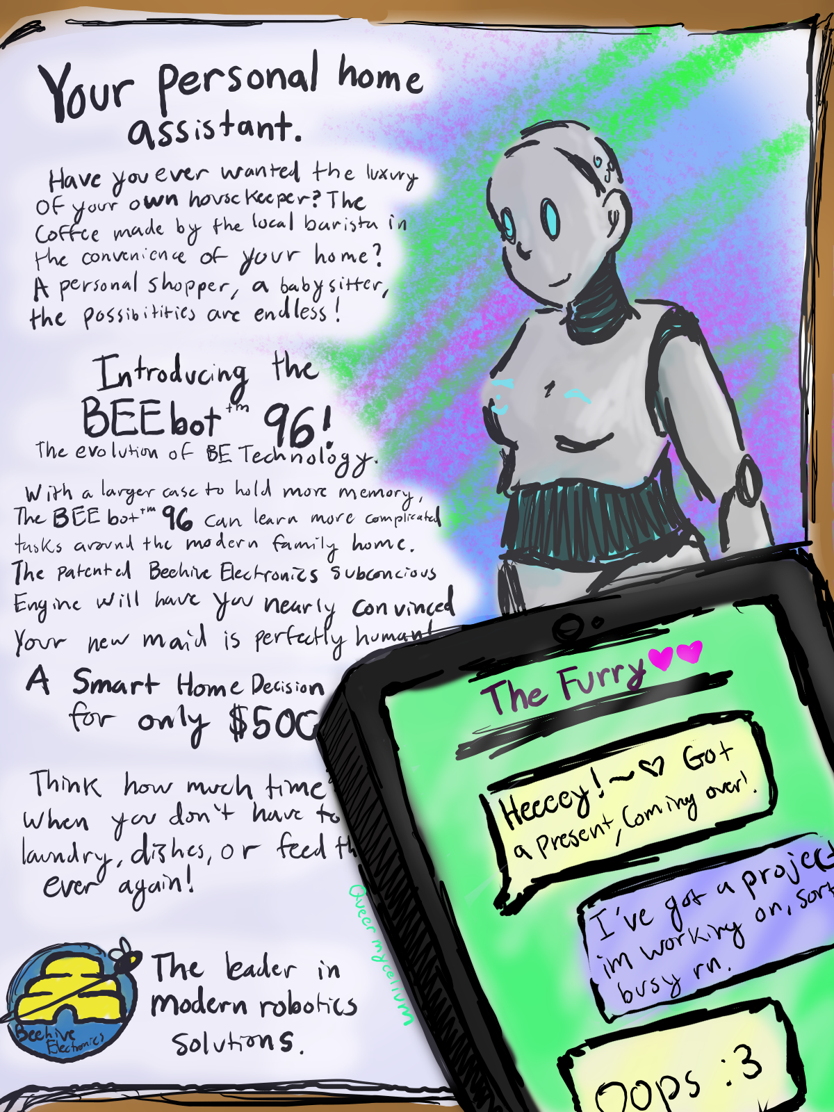 Magazine AD featuring a BEEbot standing skinless beside a wall of text describing its many features. A cell phone is sitting on top of the article.